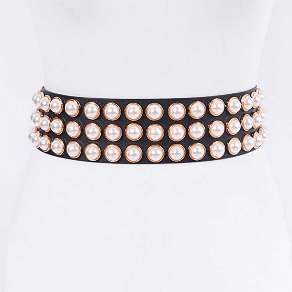 Plus Size Pearl Studs Fashion Belt - Black
